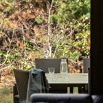 Terrasse mit Tisch, Stühlen und Wasserflasche vor Wald.