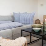 Ein Wohnzimmer mit grauem Sofa, blau-weißen Kissen und einem schwarzen Couchtisch.