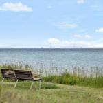 A bench by the shore with a view of a bridge over the sea.