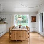 Dining room with wooden table, chairs, and windows to the green outdoor area.