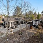 Holzhaus mit Terrasse und Garten. Umgeben von Bäumen und freiem Platz.