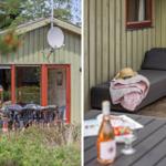 Haus mit Terrasse, Gartenmöbel und Sonnenliege. Außenbereich mit Tisch und Getränken.