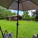 Großer Garten mit Liegestühlen und Sonnenschirm. Im Hintergrund steht eine Holzhütte.