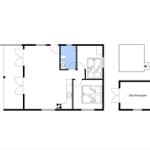 Wohnung mit Küche, Bad, zwei Schlafzimmern und Garage.