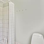 Dusche mit Duschbrause, Toilette und weiße Wand mit Haken.