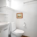 Badezimmer mit Toilette, Waschbecken und Duschvorhang.