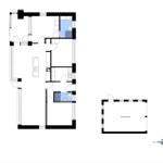 Apartment with kitchen, bathroom, and carport. Floor plan with orientation.