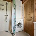 Dusche mit Duschbrause, Waschmaschine und Holztür