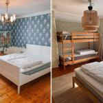 Zwei Schlafzimmer mit Bett, Matratze und Fenster. Eines mit Doppelbett, das andere mit Hochbett.