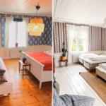 Zwei Schlafzimmer mit Holzböden, Fenstern und Betten. Ein Raum hat blaue Tapete, der andere Streifen.