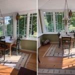 Esszimmer mit Holztisch, Stühlen und Fenstern zum Garten