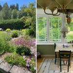 Garten mit Blumen und Bänken. Esszimmer mit Tisch, Stühlen und Fenstern.