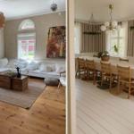 Wohnzimmer mit Sofa und Holzboden. Esszimmer mit Tisch, Stühlen und Fenstern.
