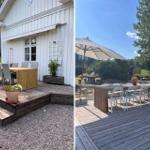 Holzterrasse mit Esstisch und Stühlen vor weißem Haus. Sonnenschirm und Pflanzen im Garten.