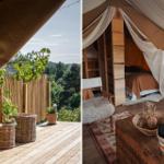 Terrasse mit Blick auf Wald und Bett unter Zelt mit Holzregal und Moskitonetz.