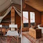 Zwei Räume in einem Zelt: Schlafbereich mit Bett und Sitzgelegenheiten, Wohnbereich mit Sofa und Kistenmöbel.