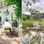 Terrasse mit Tisch und Stühlen unter Pergola, Garten mit Teich und Springbrunnen.