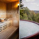 Sauna mit Holzbänken und Eimer. Whirlpool mit Blick auf Wald.