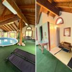 Innenpool mit Liegestühlen und Dusche mit Holzdecke