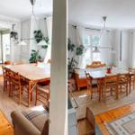 Esszimmer mit Holztisch, Stühlen und Pflanzen. Kamin und Fenster sichtbar.