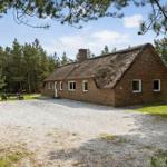Haus mit Strohdach, umgeben von Bäumen und Grasfläche.