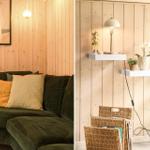 Ein Wohnbereich mit grünem Sofa, Kissen und Holzwand. Regale mit Pflanzen und Lampe.
