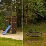 Kinderspielplatz mit Rutsche, Kletterwand und Schaukel im Wald