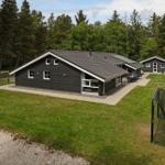 Schwarzes Ferienhaus mit Garten, Terrasse und Grillplatz. Umgeben von Wald und Sandstrand.