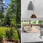 Garten mit Sitzbank und Bäumen. Esszimmer mit Tisch, Stühlen und Hängelampe.