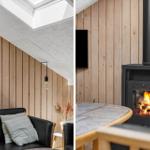 Wohnzimmer mit Holzwand, Sofa und Kaminofen. Deckenfenster und Wandbild sichtbar.