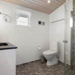 Badezimmer mit Dusche, Toilette und Waschbecken mit Pflanze.