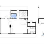Stueplan zeigt Wohn- und Schlafzimmer, Küche, Bad und Terrasse mit Kompass.