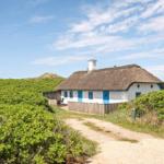 Hütte mit Strohdach und blauen Fenstern in grüner Umgebung