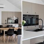 Modern kitchen with dining area, built-in oven, and black faucet.