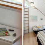 Two bedrooms with beds, one with ladder and maps on the wall.