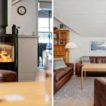 Living room with wooden sofa, table, and wood stove. Light walls and wooden floor.