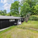 Black wooden house with white windows and door. Green lawn with trees and shrubs.