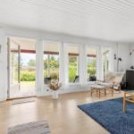 Living room with wooden floor, blue rug, and windows to the outdoor terrace.
