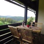 Terrasse mit Holztisch und Stühlen, Blick auf Wald und Berge.