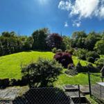 Grüner Garten mit Grill und Beete, umgeben von Bäumen und Sträuchern unter blauem Himmel.