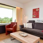 Wohnzimmer mit Sofa, Sitzgelegenheit und Blick auf Balkon mit Grün.