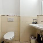 Badezimmer mit Toilette, Waschbecken und Spiegel