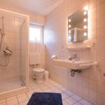 Bathroom with shower, toilet, and sink with lit mirror.