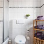 Badezimmer mit Dusche, Toilette und Holzregal mit Handtüchern.