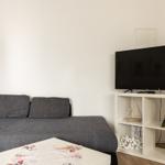 Ein grauer Sofa mit zwei Kissen, ein weißer Couchtisch und ein Fernseher auf einem weißen Regal.