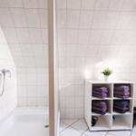 Dusche mit Duschbrause und weißer Duschwanne. Regal mit Handtüchern und Pflanze.
