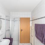 Badezimmer mit Dusche, Waschbecken und Handtuchhalter.