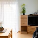 Wohnzimmer mit Holzmöbeln, Fernseher und Pflanze. Tisch mit Glasobjekt und Fenster mit Vorhängen.