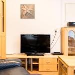 TV auf Holzregal mit Schubladen, daneben Glasvitrine und Wandbild mit Seestern.