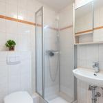 Badezimmer mit Dusche, Waschbecken und Spiegelschrank. Wandfliesen mit brauner Zierleiste.